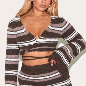 Shape Chocolate Brushed Striped Knit Tie Front Top
