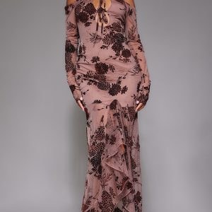 Brown Floral Print Devore Off The Shoulder Long Sleeve Maxi Dress