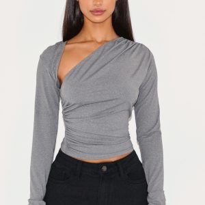 Petite Charcoal Slinky Long Sleeve Ruched Side Top