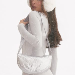 Silver Metallic Nylon Ruched Pocket Cross Body Bag