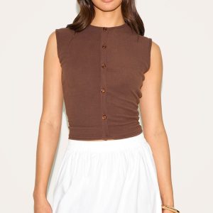 Chocolate Soft Touch Rib Button Down Sleeveless Long Top