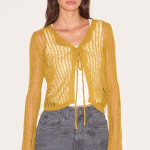 Olive Ladder Knit Sheer Cropped Tie Front Top
