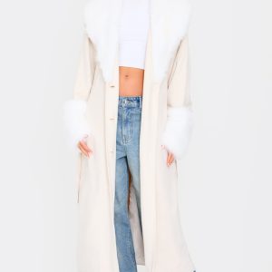 Sand Faux Fur Trim Contrast Faux Suede Coat