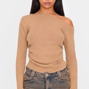 Taupe Fine Knit Asymmetric Top