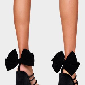 Black Velvet Square Toe Bow High Block Heeled Sandals