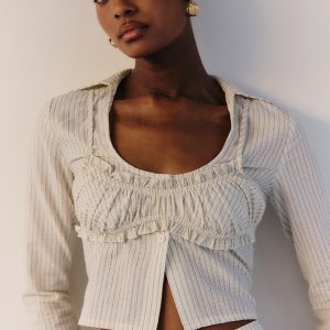 Cream Pinstripe Seersucker Ruched Bralet Detail Shirt