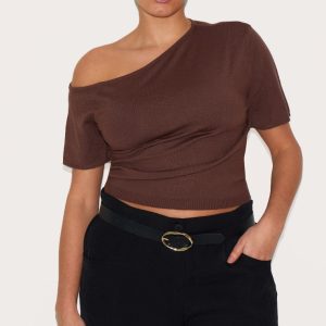 Plus Chocolate Basic Knit Asymmetric Neckline Top