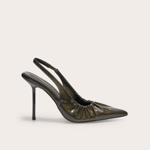 Olive Crinkle PU Point Toe Gathered High Stiletto Sling Back Court Heels