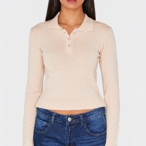 Oatmeal Soft Knit Button Up Polo Top