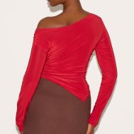 1e8e4703485cc458bcf330b378651e7b89562c44_CNM7730_2_red_soft_touch_asymmetric_ruched_long_sleeve_top