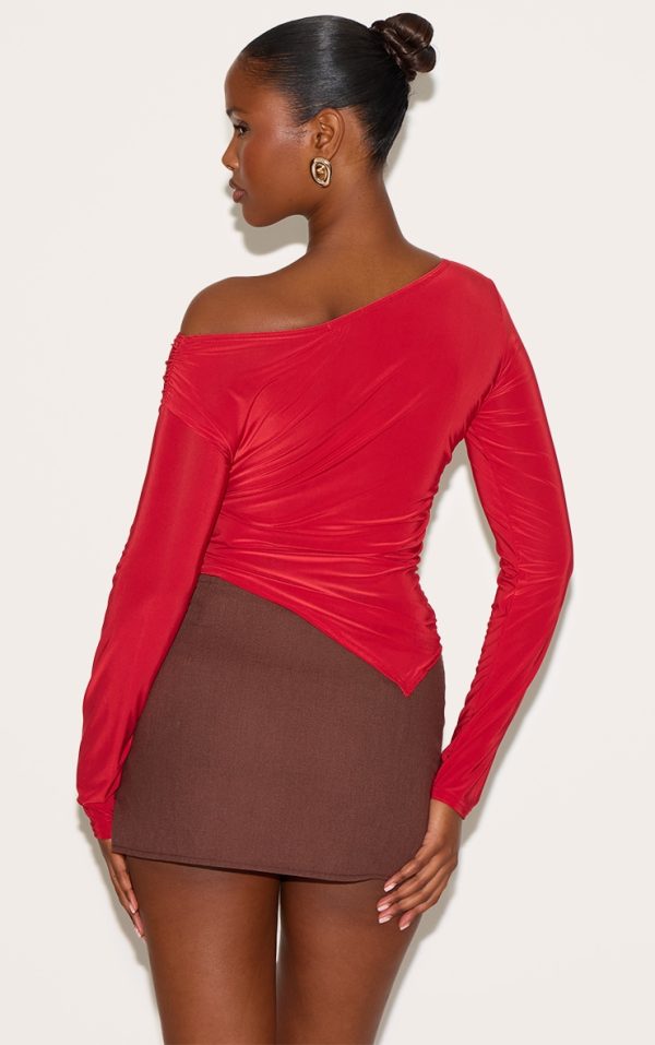 1e8e4703485cc458bcf330b378651e7b89562c44_CNM7730_2_red_soft_touch_asymmetric_ruched_long_sleeve_top