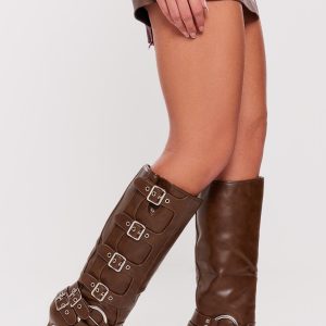 Chocolate PU Point Toe Buckle Detail Knee High Heeled Boots