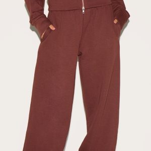 Petite Deep Chocolate Mid Rise Drawstring Wide Leg Joggers