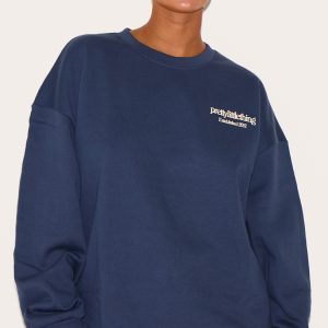 PRETTYLITTLETHING Plus Navy Printed Premium Oversized Sweatshirt