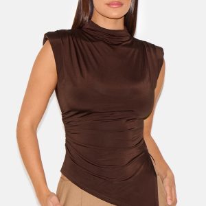 Chocolate Slinky Shoulder Detail Long Top