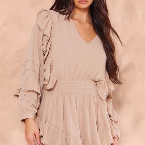 Taupe Cheesecloth Plunge Tiered Long Sleeve Shift Dress