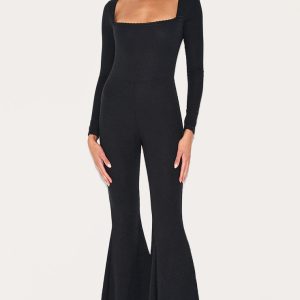 Black Ribbed Lace Trim Long Sleeve Flared Leg Jumpsuit