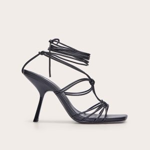 Black Wide Fit Pu Square Toe Knotted Strappy Lace Up Heeled Sandals