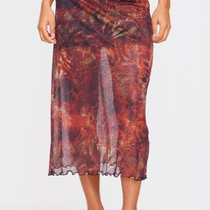 Burgundy Multi Abstract Print Mesh Maxi Skirt
