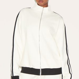 Cream Premium Side Stripe Contrast Zip Through Sweatshirt