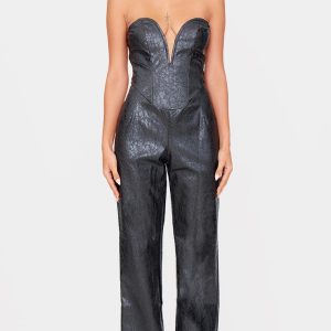 Black Croc Faux Leather Bandeau Plunge Straight Leg Jumpsuit