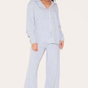 PRETTYLITTLETHING Grey Piping Jersey Long PJ Set