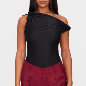 Black Slinky Tie Shoulder Asymmetric Bodysuit