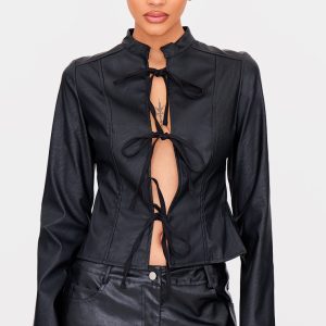 Black Faux Leather Tie Front Fitted Blouse