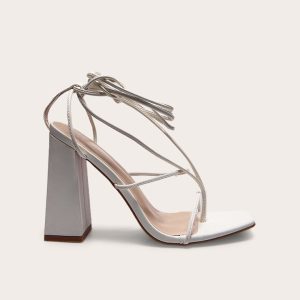 White PU Toe Detail Lace Up High Block Heeled Sandals