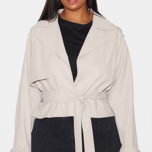 Plus Beige Rubberised Loose Fit Cropped Trench Coat