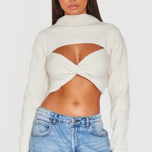 Cream Ribbed Twist Front Cut Out Jumper