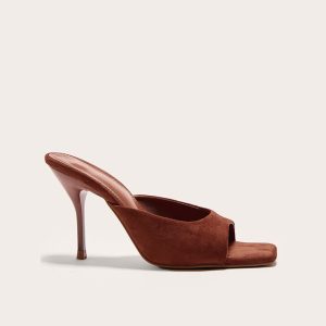 Brown Tan Faux Suede Square Toe High Stiletto Heeled Mules