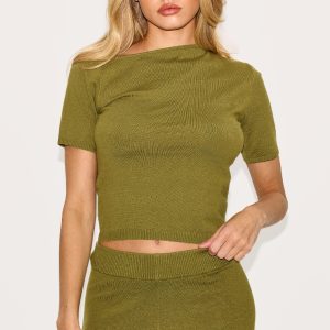 Olive Basic Knit Asymmetric Neckline Top