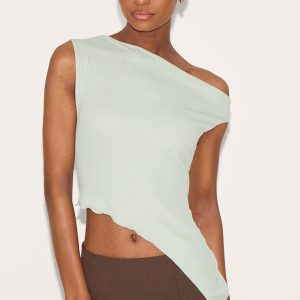 Sage Green Burnout Mesh Asymmetric Long Top