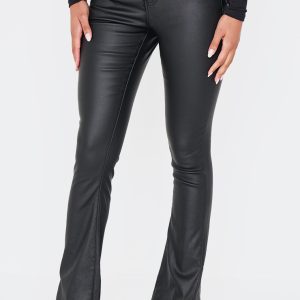 Black Coated Denim Split Hem Flares