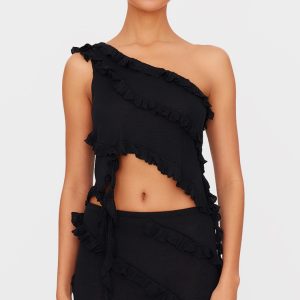 Black Rib Knit Frill Detail Asymmetric Top
