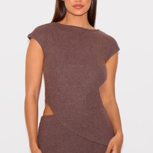 Chocolate Brown Brushed Rib Asymmetrical Cap Sleeve Long Top