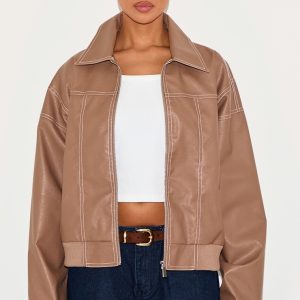 Deep Taupe Faux Leather Stitch Detailing Biker Jacket
