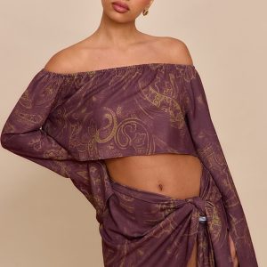 Brown Paisley Print Woven Off Shoulder Cropped Top