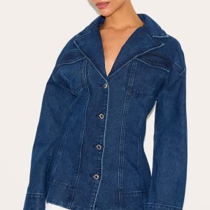 Petite Indigo Denim Fitted Mini Dress With Pleat Details