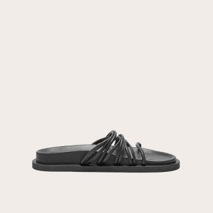Black Real Leather Round Toe Strap Detail Footbed Sandals
