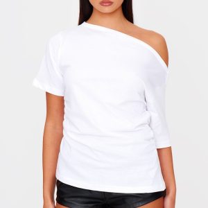 White Asymmetric Ruched Side Detail T Shirt