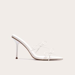 White Wide Fit Pu Point Toe Multi Bow High Stiletto Heeled Mules