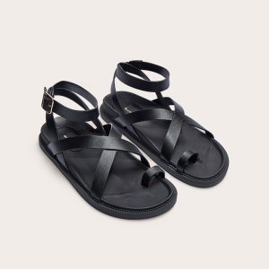 Black Pu Round Toe Ankle Strap Footbed Sandals
