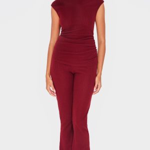 Burgundy Soft Rib Ruched Skinny Flare Trousers