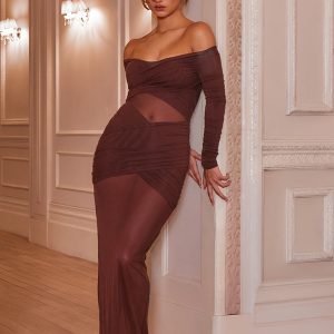 Chocolate Brown Mesh Bardot Layered Ruched Maxi Dress