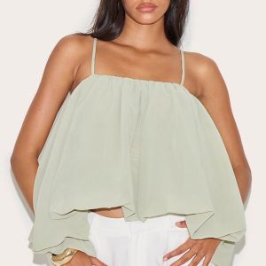 Sage Puffball Chiffon Spaghetti Strap Cami