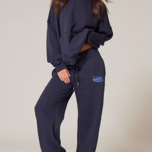 PRETTYLITTLETHING Navy Oversized Puff Print Straight Leg Joggers