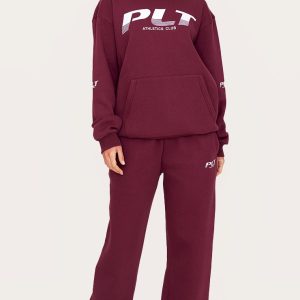 PRETTYLITTLETHING Tall Burgundy Logo Printed Wide Leg Joggers