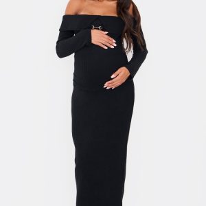 Maternity Black Brushed Rib Buckle Detail Off The Shoulder Top